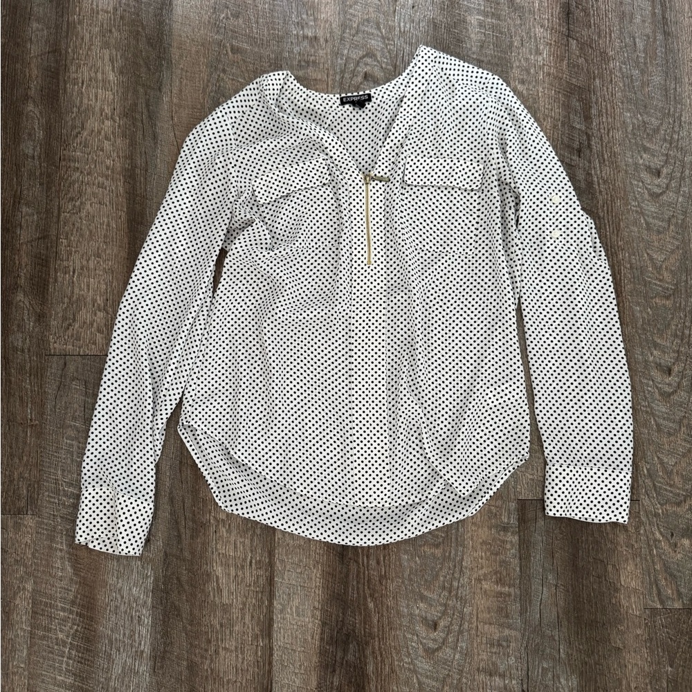 Express White Polka Dot Blouse with Gold Zip